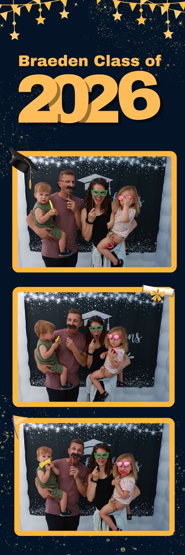 Pink birthday photo booth print strip with friends and props