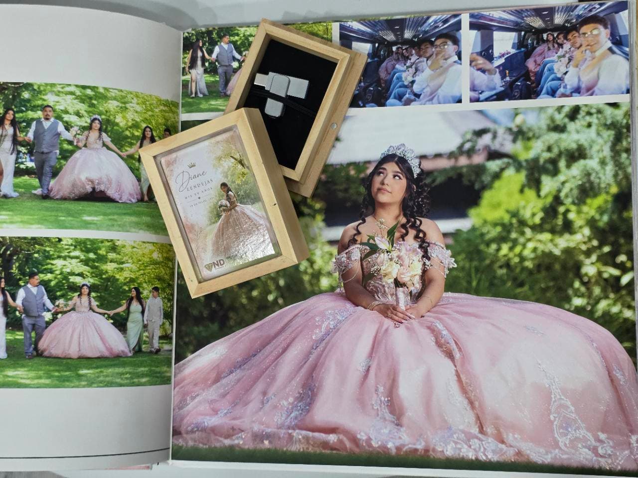 Custom photo USB presentation box displayed with a finished quinceañera album